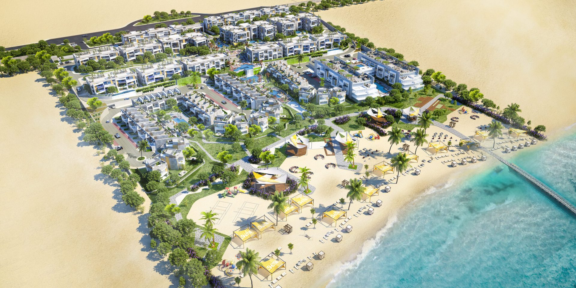 Conceptual aerial illustration of the BOHO Sokhna community and beach