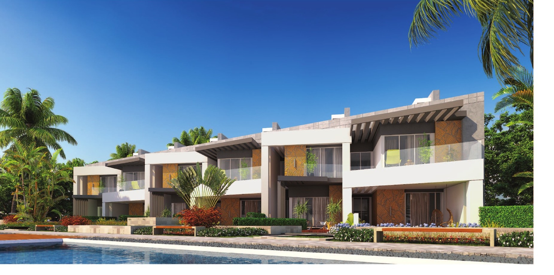 BOHO connected townhouse homes beside the pool