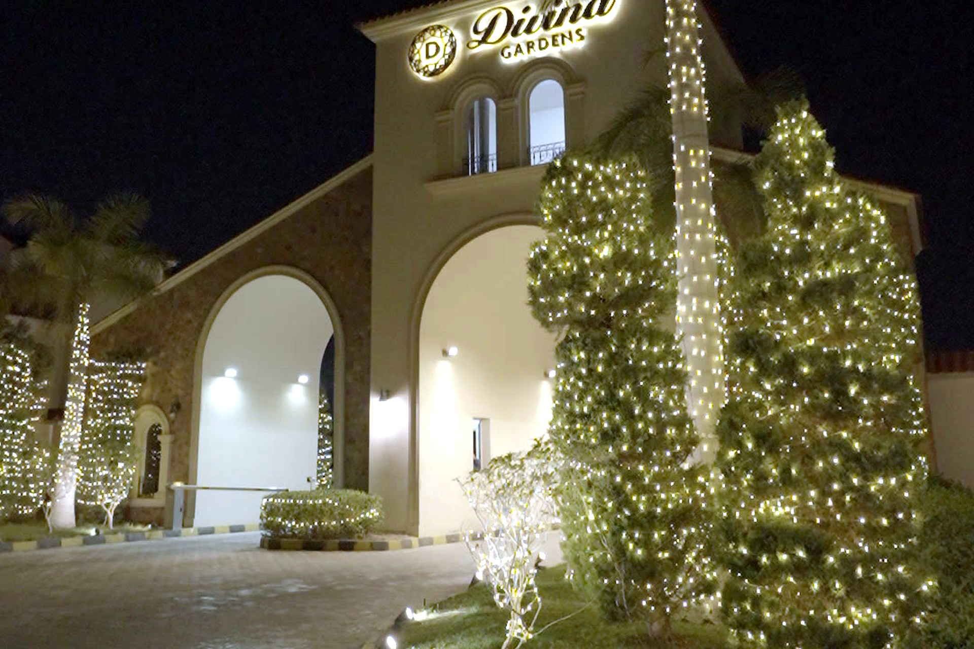 The Divina Gardens entrance dressed in Christmas lights