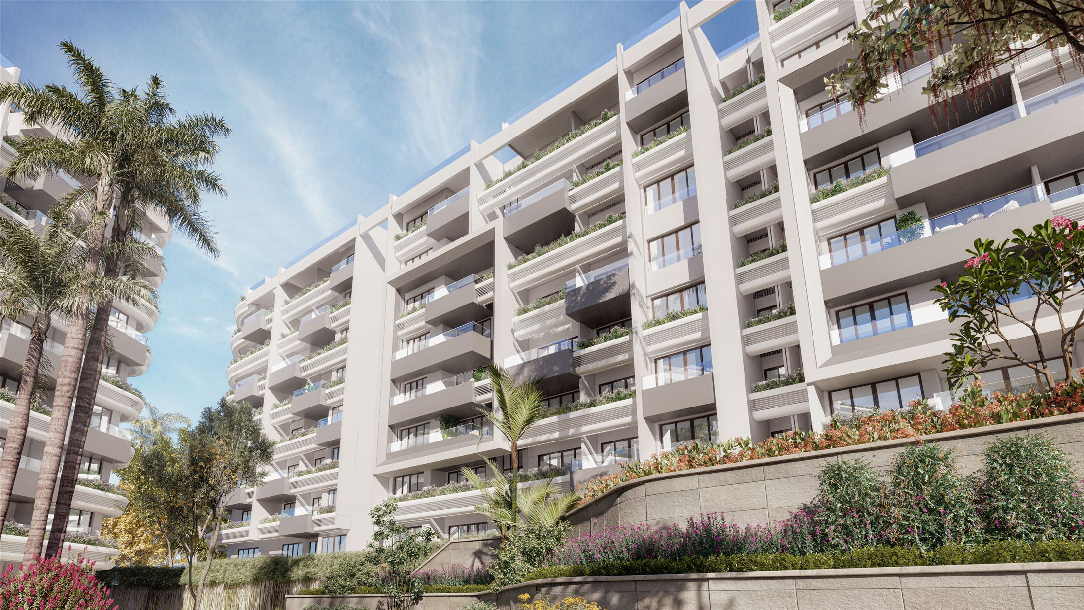 Boardwalk duplex residences facing landscaped pedestrian space