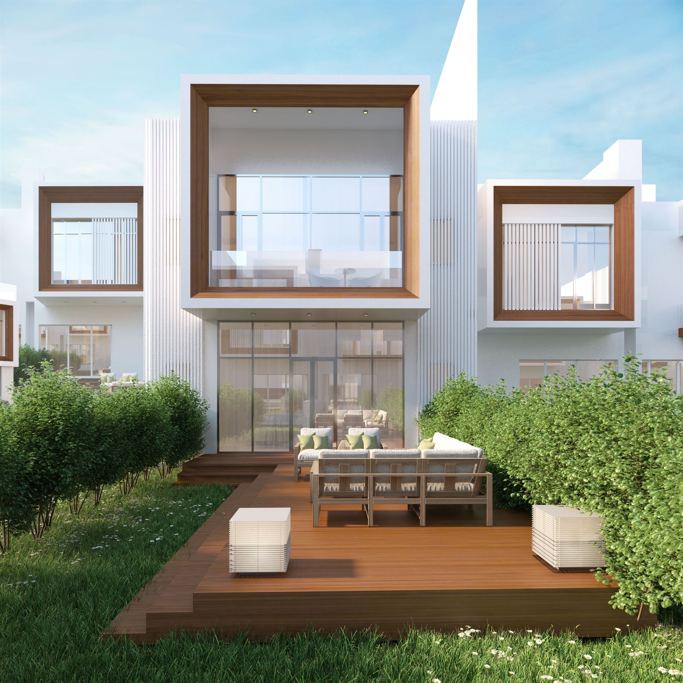 Boardwalk twin villa homes beside a private garden